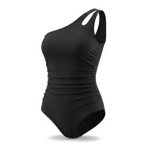 Women's Black One Shoulder One Piece Swimsuit - Sexy Ruched Tummy Control Bathing Suit with Cutout Strap for Summer Beach Vacation & Luxury Resort Wear