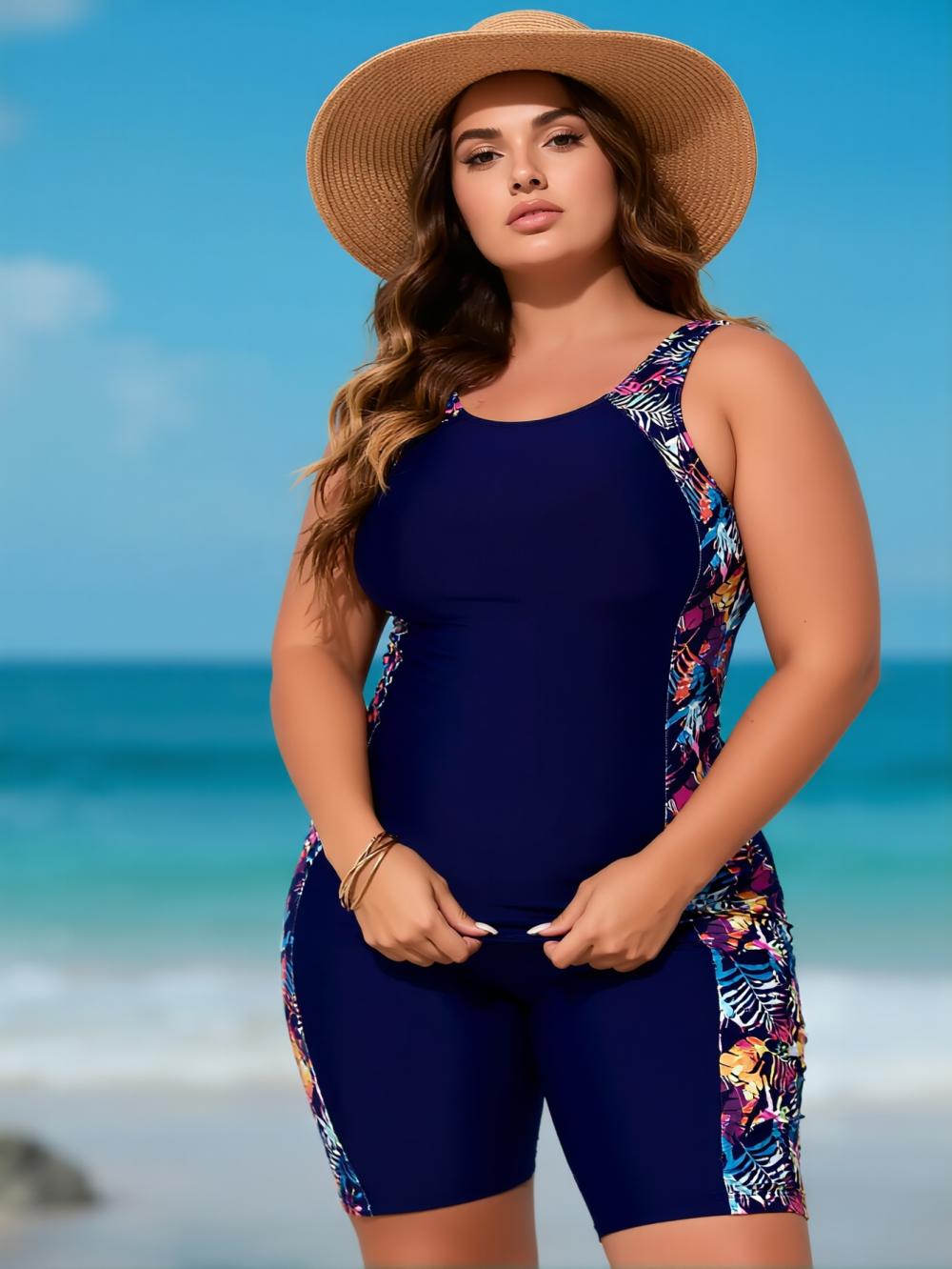 Plus Size Sporty Surf Printed Color Block One-Piece Swimsuit – Tummy Control Slimming Boyleg Bathing Suit