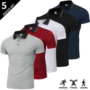 Pack of 5 shirts: solid color collared shirts in mixed colors; breathable, quick-drying golf casual shirts with lightweight stretch polyester and button design; suitable for summer office wear, boat outings, and everyday outfits; comfortable short-sleeve