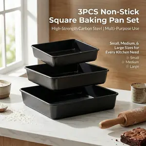 Carbon Steel Square Baking Pan Set, Non-Stick 3-Piece Stackable Bakeware, Multi-Size Oven Trays for Cakes, Brownies, Roasting and Daily Cooking, Durable Kitchen Tools for Home Baking and Meal Prep