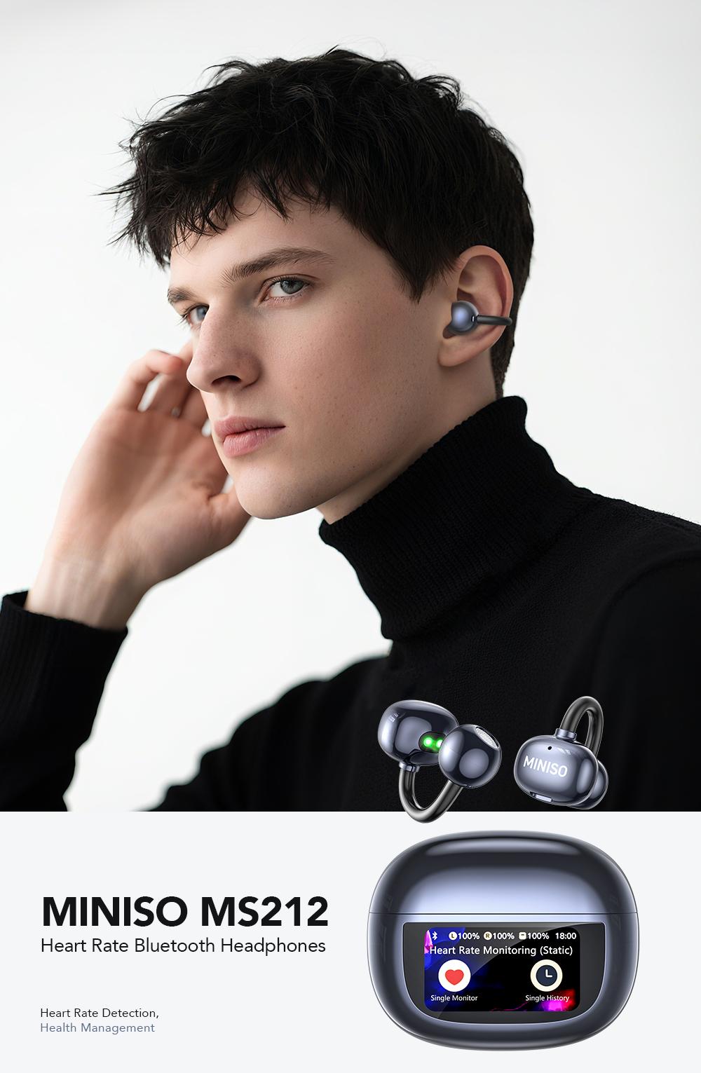 MINISO MS212 Clip-On Ear Headphones with Heart Rate Monitoring Wireless Audio Headphones for Music & Phone Calls, IPX5 Sport Waterproof & Sweatproof, with LCD Full Color Touch Screen, Bluetooth 6.0 Headsets, Heart Rate Health Management