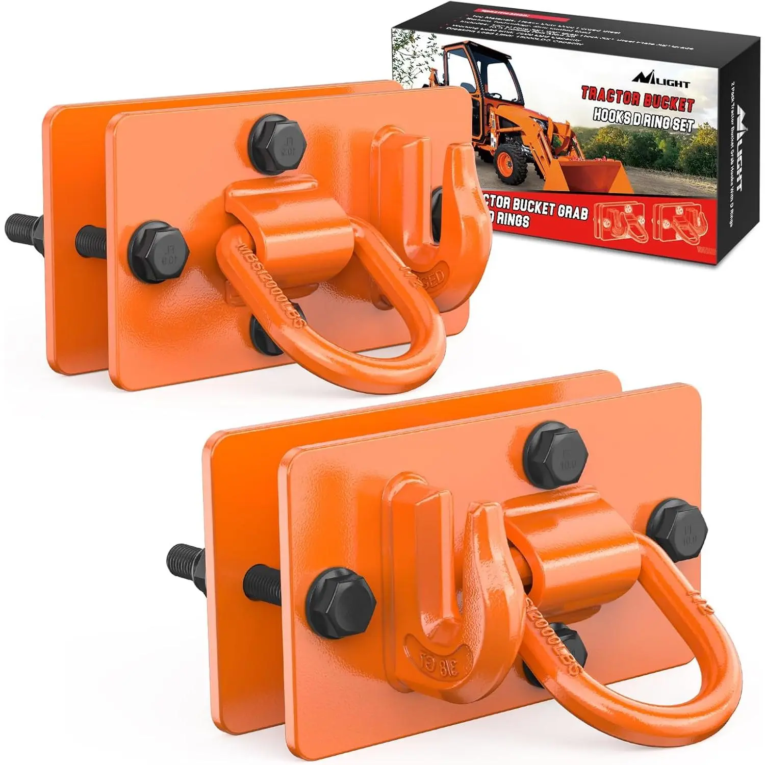 Nilight 2PCS Carbon Steel Tractor Bucket Tow Hooks with Tie-Down Ring, Grade 70 Forged High Load Bolt-On Grab Hooks with Back Plates, 15000 lbs (MBS 15klbs) for Tractor Bucket, RV, Orange Steering