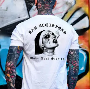 BAD DECISIONS MAKE GOOD STORIES Smoking Nun Print Men's T-Shirt, Top Menswear, Cotton Tee Shirt Casual Streetwear
