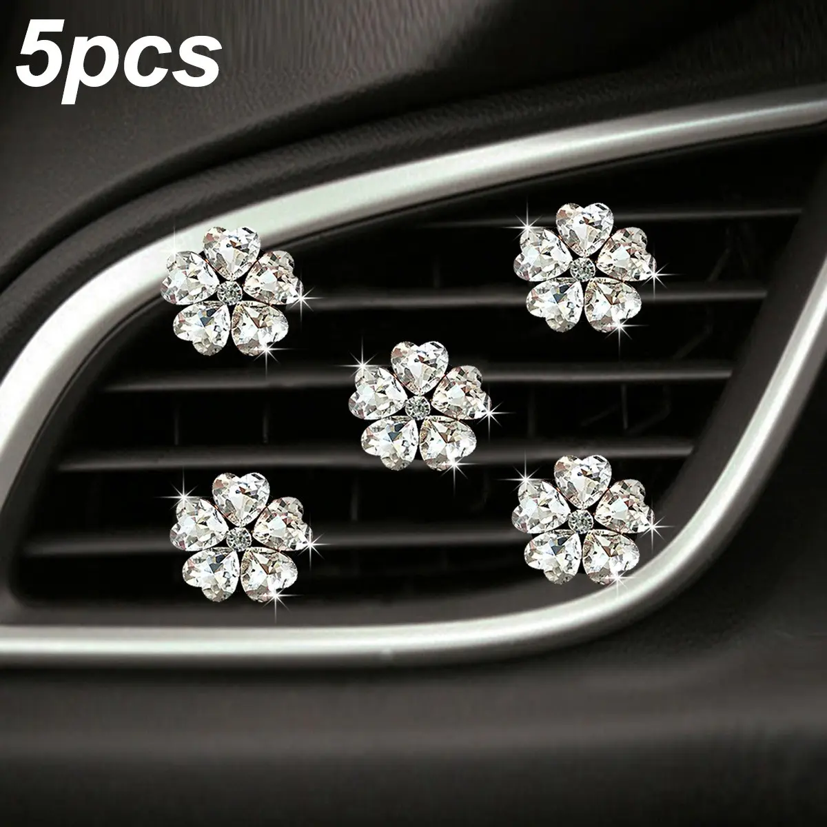 5 Count Heart-Shaped Crystal Car Vent Clips, Five-Petal Flower Interior Decorations, Car Dashboard Accessories, Car Ornament Set, Girly Car Accessories, Car Interior Ornaments, Car Accessories Cute