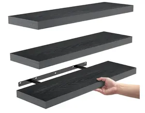 Floating Shelves for Wall, Wall Mounted Rustic Wood Shelves for Bathroom, Bedroom, Living Room, Kitchen, Hanging Shelf for Books/Storage/Room Decor with 22lbs Capacity (Black, Set of 3, 15.7in)