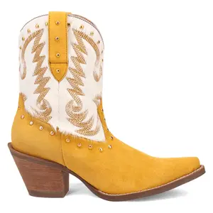 Dingo Womens Rodeo Queen Embroidered Studded Snip Toe Pull On  Casual Boots Ankle Mid Heel 2-3" - Yellow