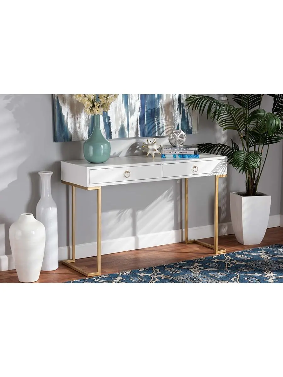 212 MAIN Beagan Modern & Contemporary 2-Drawer Console Table, White Finished Wood & Gold Metal Construction, Two Drawers, Wood & Metal