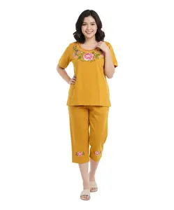 Women's Short Sleeve Embroidered Blouse and Matching Capri Set Honey WS18