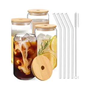 16oz Glass Tumbler Set with Bamboo Lids & Straws - 4pc Iced Coffee Cups for Beer, Cocktail, Tea
