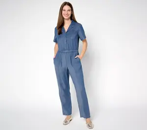 Joan Rivers Petite Tencel Collared Ankle Length Jumpsuit