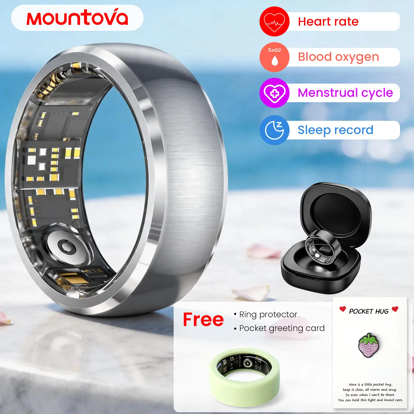 Vibration Call & Message Alert Stainless Steel Smart Ring, IP68 Waterproof Fitness Tracker, 24/7 Heart Rate Blood Oxygen Sleep Stress Monitor, 100+ Sports Modes, Family Care Long Battery, Smart Ring for Men Women