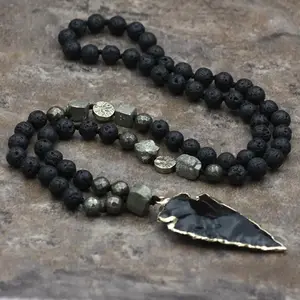 Crystal Gemstone Pendant Necklace, Black Crystal gemstone Long Necklace, Lava Obsidian beaded Healing Protection Strength Inner Peace Balance Necklace, Women Men Adjustable Necklace, Christmas gift, Birthday gift, Gift for Women Men Anniversary Daily,summ