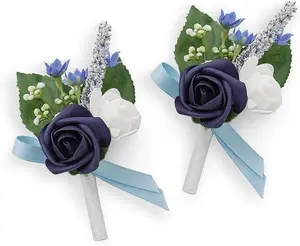 TINGE TIME Navy Blue Boutonniere for Men Wedding, Set of 2, Groom Groomsmen Boutineers Decor for Wedding Ceremony Anniversary, Formal Dinner Homecoming and Rustic Vintage Wedding