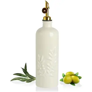 18 Oz Oil Dispenser for Kitchen with Gravity Spout, Ceramic Olive Oil Dispenser Bottle,  Opaque Vinegar Container for Evoo, Vinegar, Soy Sauce, Pack of 1(Beige,  Spout)