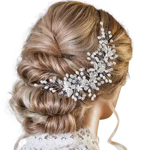 Flower Bride Wedding Hair Vine Silver Leaf Bridal Headpiece Pearl Crystal Hair Comb Rhinestone Hair Accessories for Women and Brides