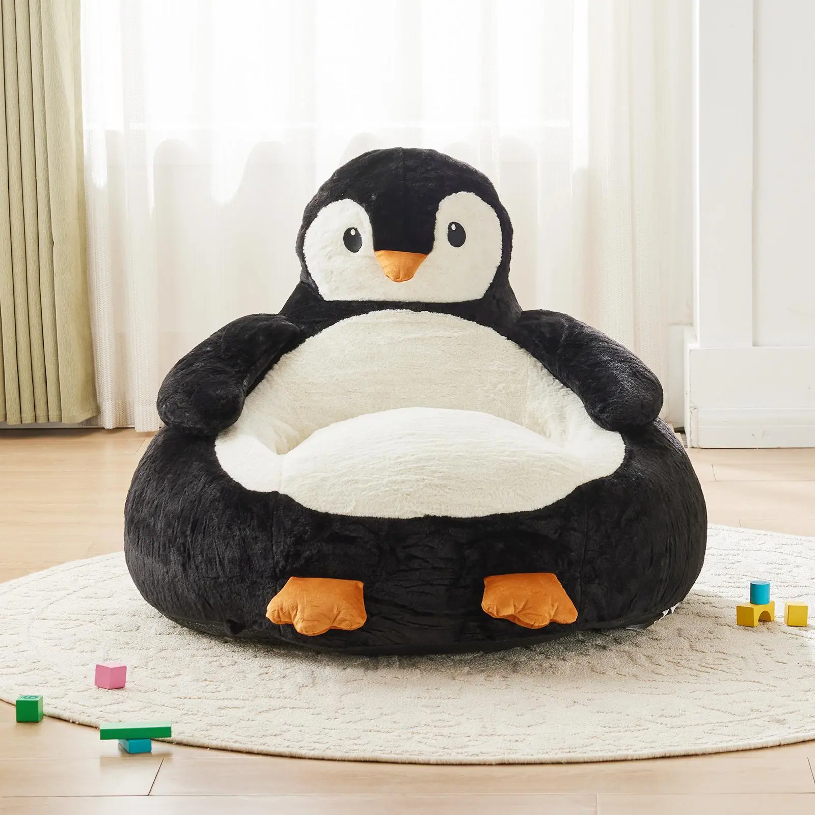 Penguin-Shaped Kids Cartoon Sofa Chair, 31 Inches — Soft OEKO-TEX Velvet, High-Elastic Sponge, Machine-Washable Cover, Non-Slip Base, 200 lb Capacity, Suitable for Toddlers and Adults