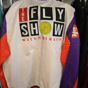 Born Fly Colorblock Bomber Jacket - White with Orange & Purple Sleeves - Watch & Learn Design