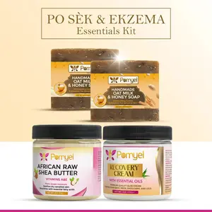 Po Sèk & Ekzema Essentials Kit – Eczema Relief Soap, Raw African Shea Butter & Recovery Cream – Natural Dry Skin Care Set