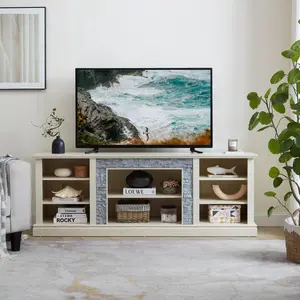 Large TV Desk Storage Rack with Faux Stacked Stone Surround,Media Console Table with Large Storage Cabinet,Modern TV Media Entertaionment Stand,WHITE, 70.12"W*15.35"D*25.83"H living room
