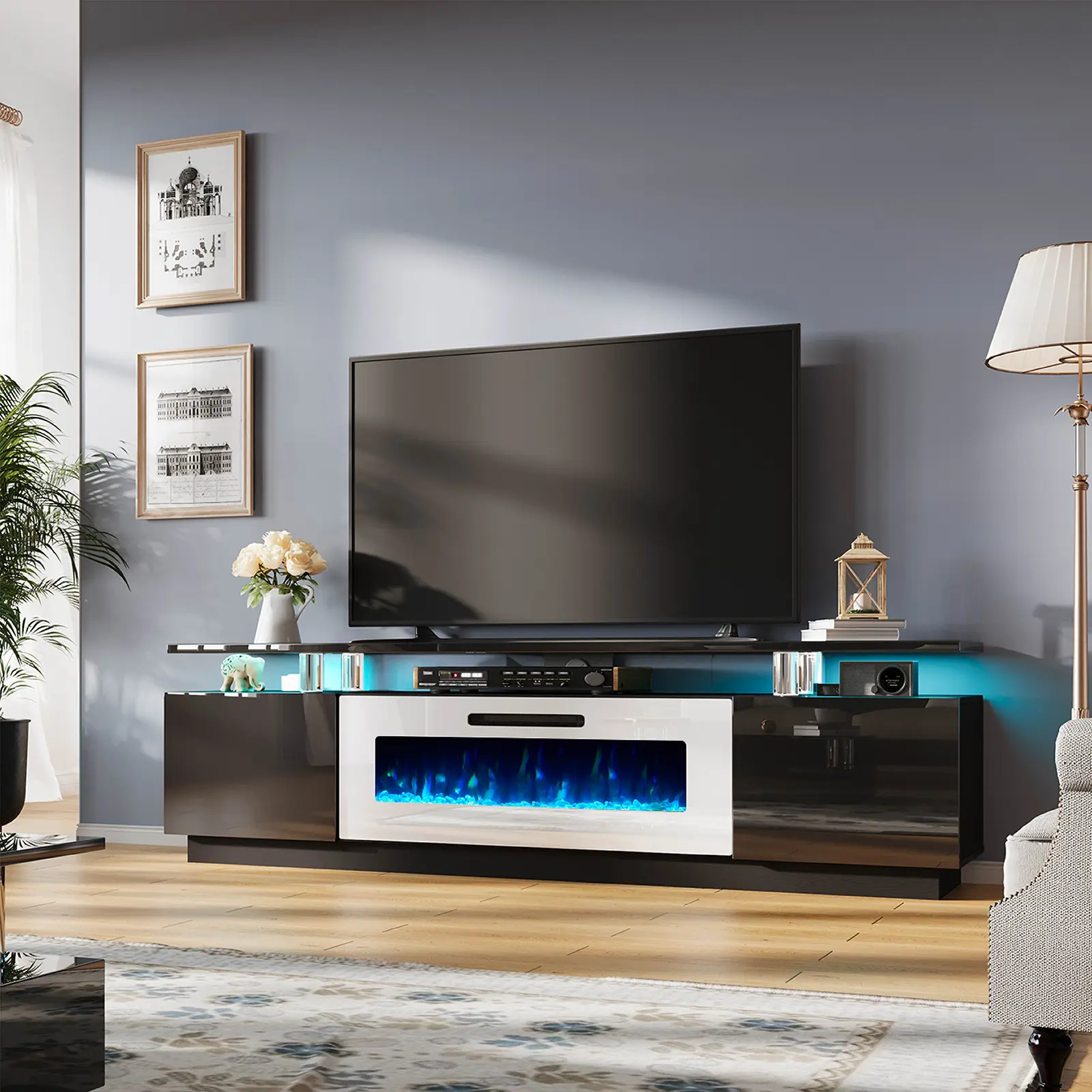 Black TV stand & White Fireplace