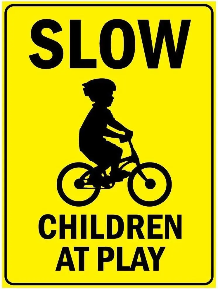 Warning Sign Slow Children At Play With Bicycle Symbol Road Sign Business Sign 8X12 Inches Aluminum Metal Tin Sign