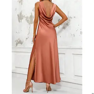 Satin Midi Party Slit Neck Round Clasi tiktok Women s Sleeveless Solid Color Evening Dress Maxi Outfit