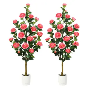 2025 2 Pack 3/4 Ft Artificial Camellia Trees with 16 White Flowers and Pots, Ideal Christmas Gifts for Home, Porch, Office or Outdoor Decor