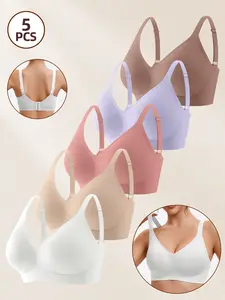 Women's 5-Piece Plain Jelly Strip Bra Set, High-Quality Seamless Smooth Design, Max Support Fitted Bras, Casual Style, All Seasons Wear, Underwear