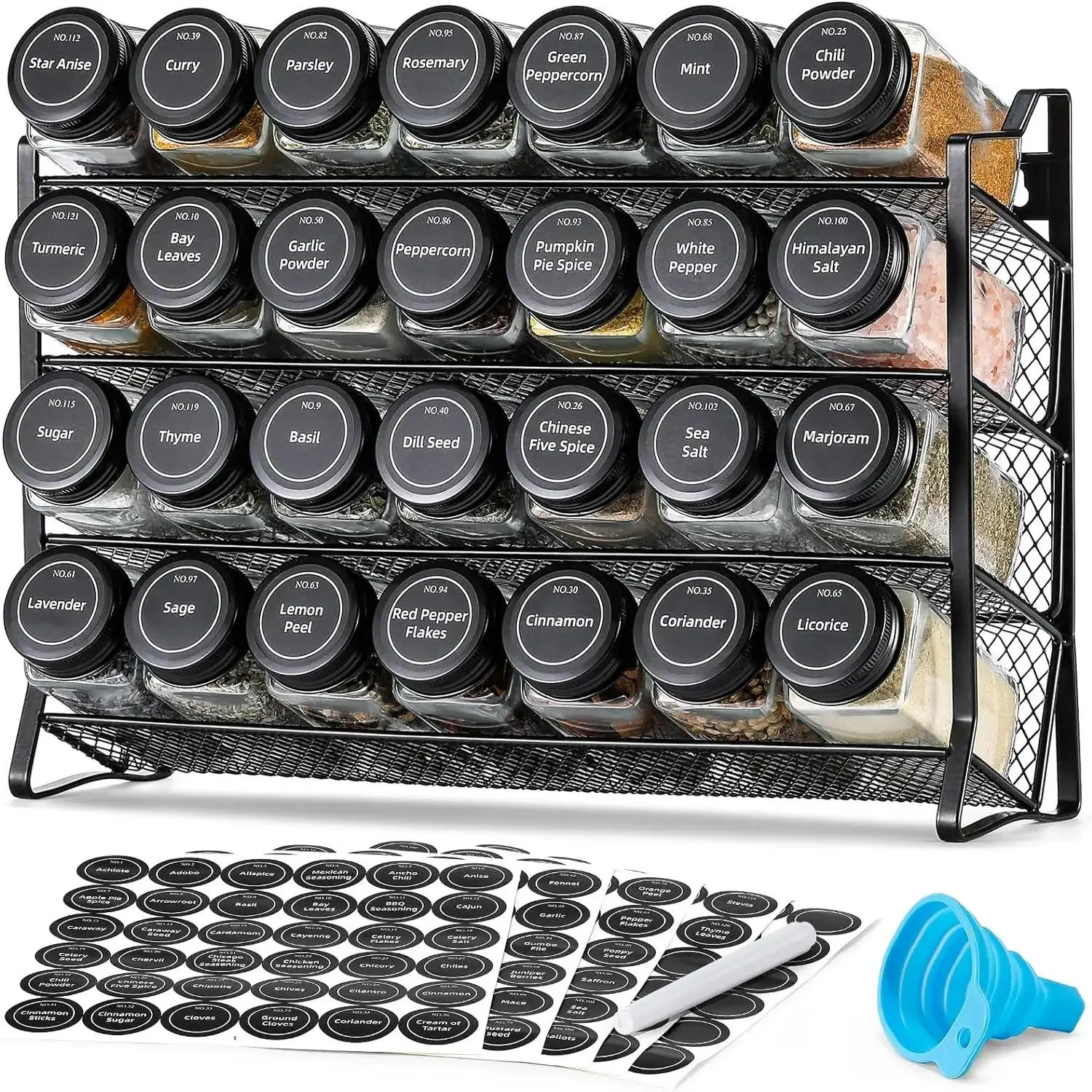 Spice Rack Organizer for Cabinet, Spice Organizer with 28 Empty Spice Jars with Black Lids, Funnel, Spice Labels, Seasoning Organizer for Countertop, Cabinet,, Pantry, Cupboard