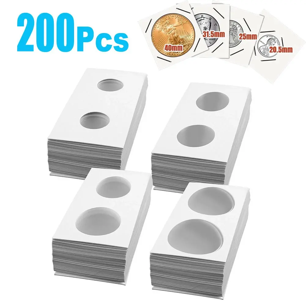2x2 In Coin Holder Cardboard-Mylar Flip Pockets, 200-Count 4-Size Pockets for Collection Album Book, Binders, Coin Organizer Storage