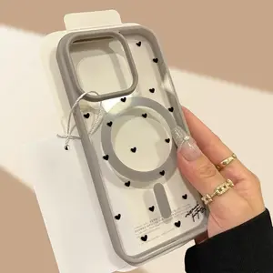 Black Small Heart Magnetic Case for iPhone 17 Pro Max Air 16 16e 15 14 Plus 13 12 11 X XS Transparent Acrylic Scratch-resistant skin-friendly feel Smartphone Cover Gift