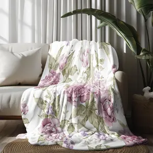 2PCS Light & Fresh Watercolor Peony Throw Blanket for Couch, Elegant All Over Dusty Mauve Floral Design, Cozy Flannel Blanket for Couch, Bed, and Home Decor