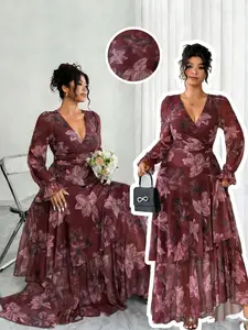 Elegant Plus Size Women's Floral Print V-Neck Long Sleeve Dress, Lightweight Luxurious Style, Perfect for Casual & Formal Occasions, Chic Elegant Fit, Floral Pattern Dress