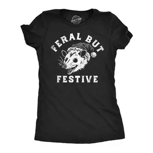 Womens Funny T Shirts Feral But Festive Sarcastic Christmas Possum Graphic Tee for Ladies Funny Womens T Shirts Cute Vintage Fashion Casual Ladies T-Shirt Gift Christmas Tops for Women Funny Sarcastic Top Black -
