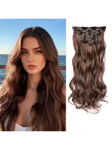 18 Inch Clip In Hair Extensions 6pcs Long Wavy Synthetic Black Hair Extension & Natural Soft Invisible Clip Thick Hairpieces for Women Daily Curly Clip Ins