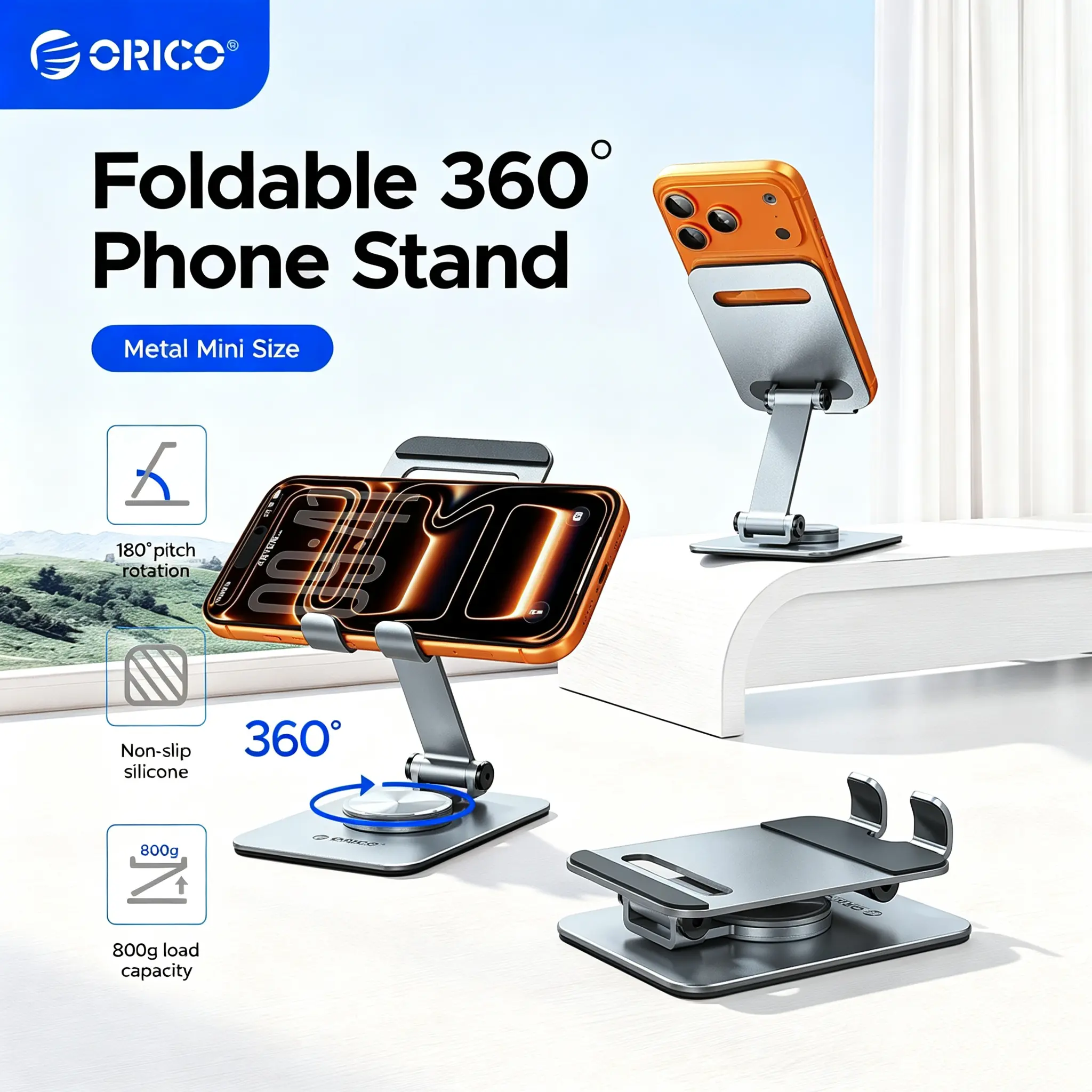 ORICO Aluminum 360° Rotation Phone Stand for Desk, Adjustable Metal Phone Holder with Stable Support Rotation for Smartphones up to 6.9 Inches, back to school – Silver