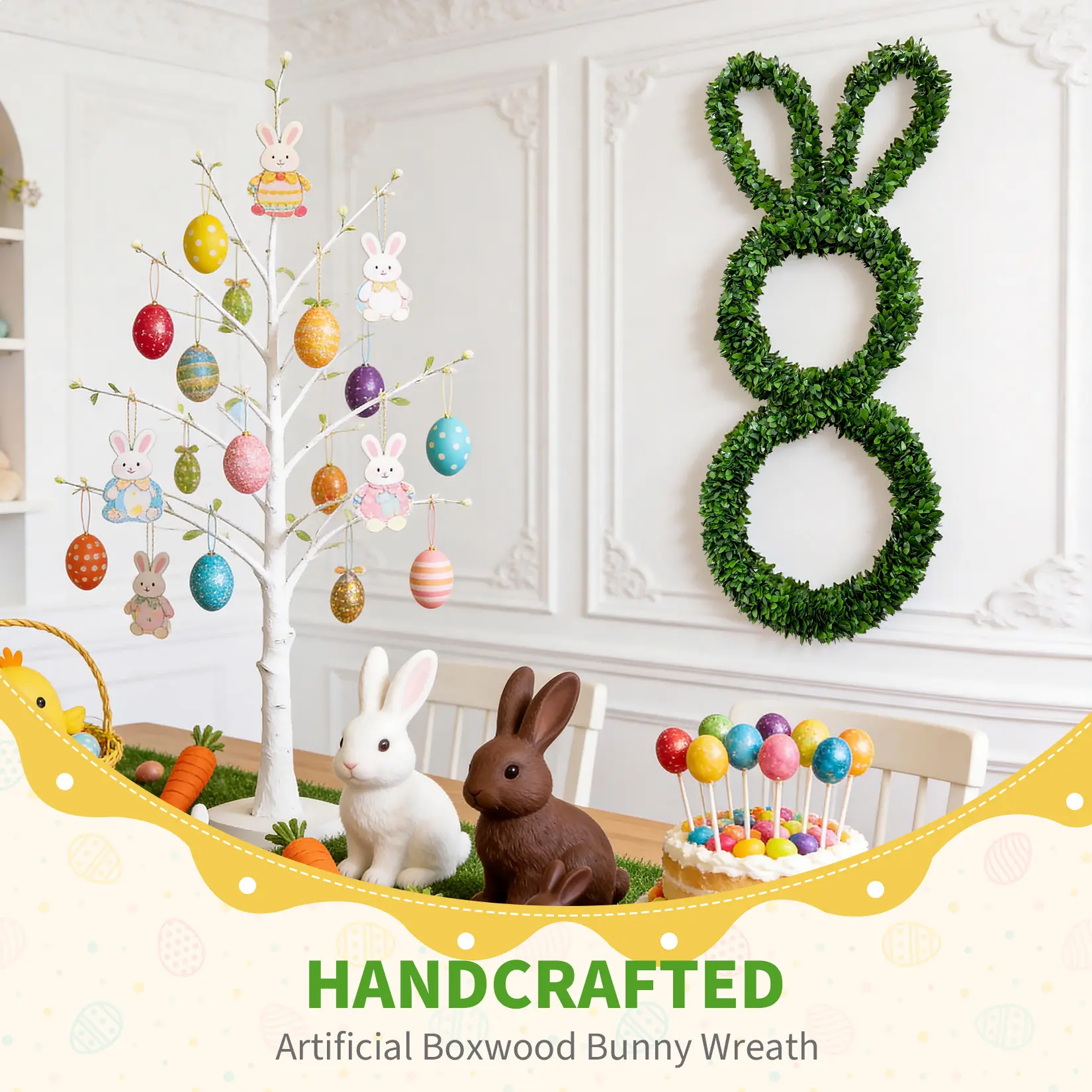30 Inch Easter Bunny Wreath, Green Boxwood Rabbit Wreath, Minimalist Farmhouse Spring Decor for Door, Wall and Window Indoor Outdoor