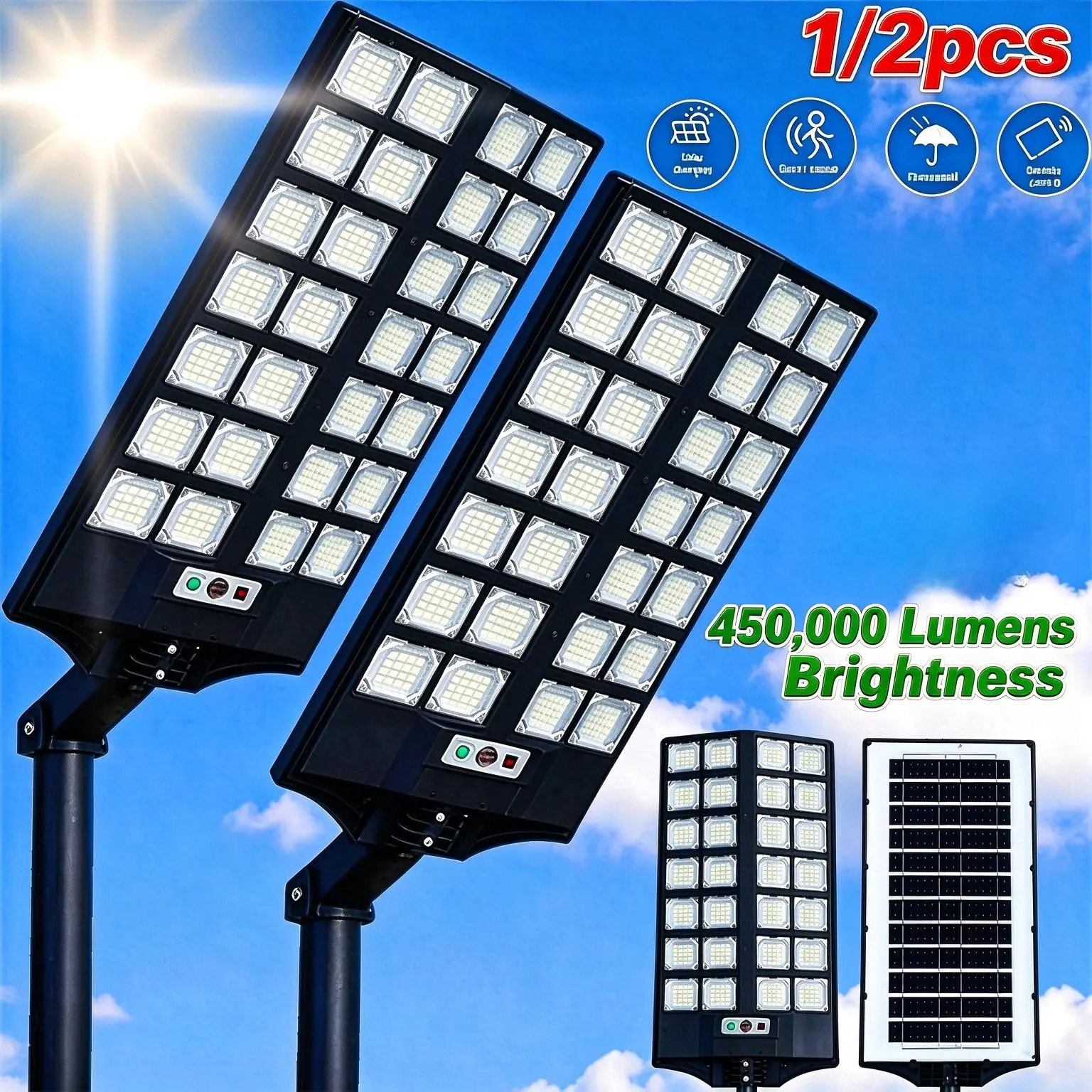 Outdoor Solar Security Lights, 450000 lumines, Solar Wall Lamp, IP65 Weather Smart Motion Sensor SecurityFlood Light, Motion-Triggered Decking & Patio yard Lighting for Home, Commercial Outdoor Use