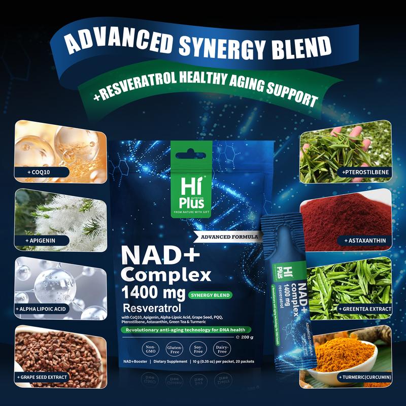 HiPlus NAD Supplement Berry Flavor Drink 1400 mg Urolithin a Extra Strength Liposomal, Green Tea + Astaxanthin for Women & Men, Resveratrol, CoQ10, Alpha Lipoic Acid – Energy Beauty Healthcare Anti-Aging –20 Pockets