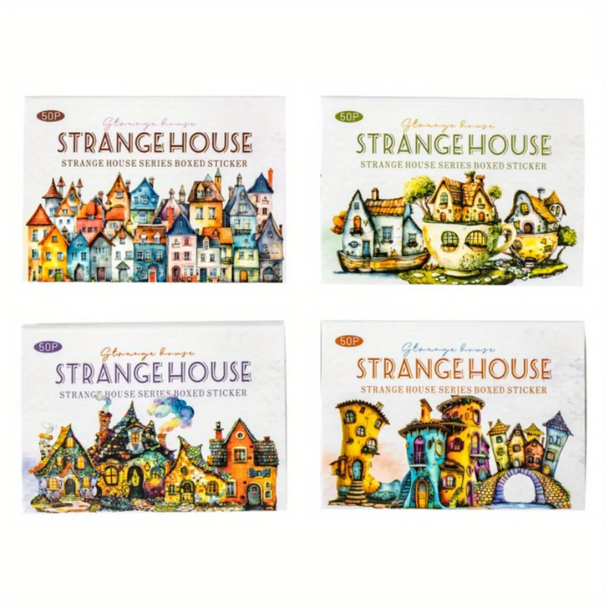 Retro Double-Sided Adhesive Paper Sticker Cards, 4-Style 50-Sheet Box, Weird & Fairy Tale Peculiar House Themes, Office Stationery for DIY Bullet Journal & Scrapbook Decoration