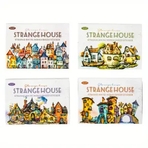 4 styles, 50 sheet box of hard card stickers, featuring weird houses and fairy tale peculiar house themes, double-sided adhesive paper, retro style, DIY bullet journal decoration, scrapbook material stickers.