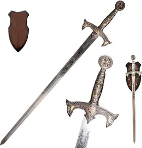 Handmade Authentic Medieval Knights Templar Sword with Leather Sheath - Wall Hanging Home Decor Collectible, Cosplay Prop & Design-Focused Gift for Him