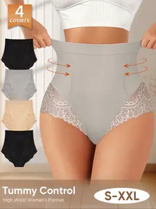 Morelect High-Waist Shapewear Underwear Set, 4 Pcs, S-Xxl, Lace Trim, Smooth Fitted Design, All Seasons, Slimming & Curvy Shape