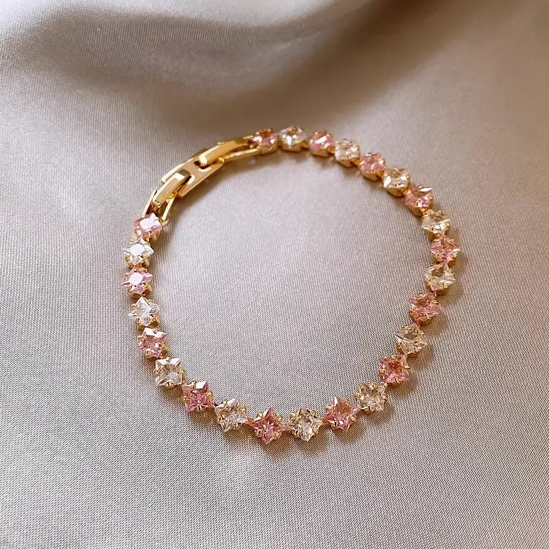 Two-Tone Pink Clear Star Shaped Rhinestone Tennis Bracelet Gold Plated Alloy Fashion Costume Jewelry for Women