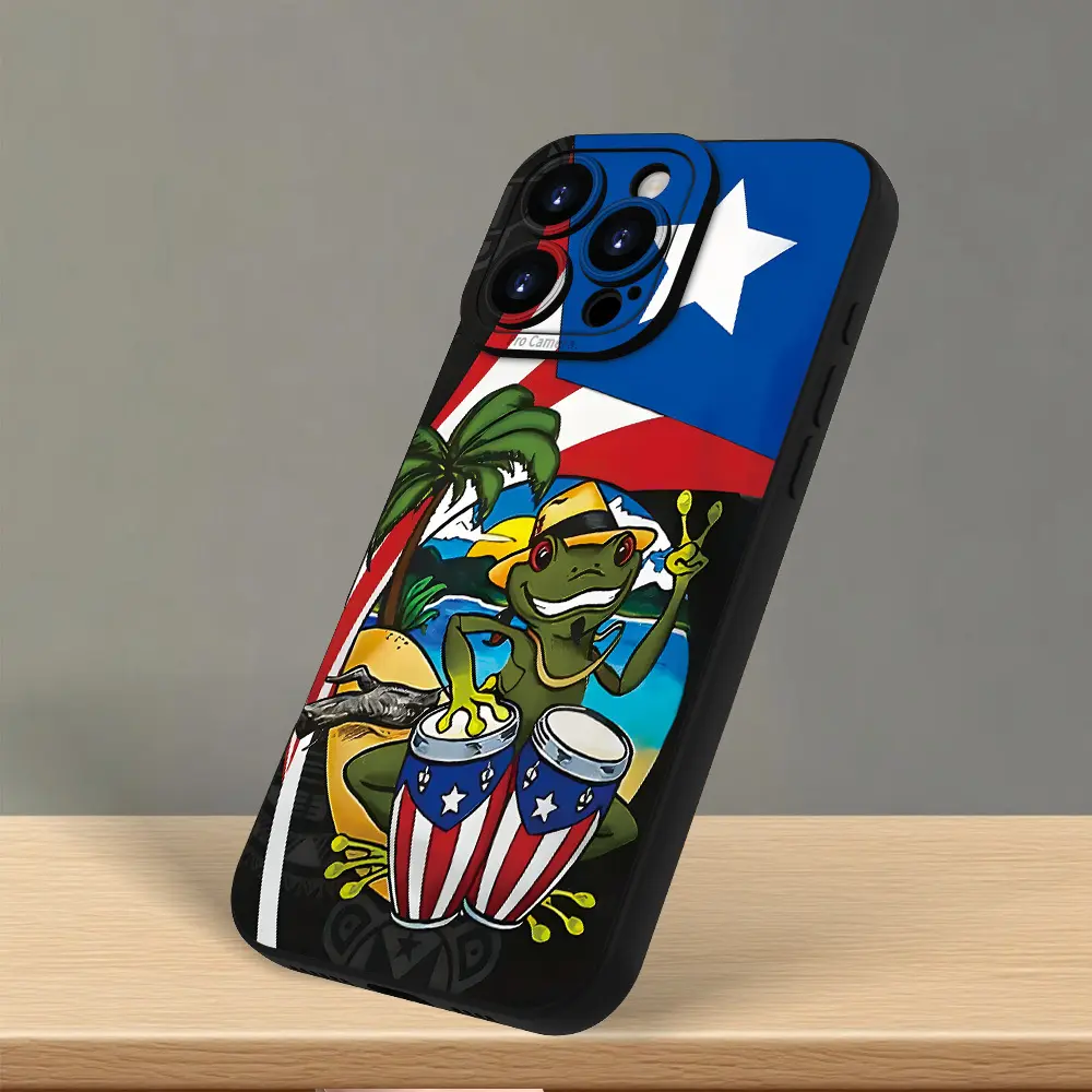 Puerto Rican flag style theme black printed phone case for iPhone17/16e/16/15/14/13/12/11/8/7X XS XR Plus Pro Max Min, with lens fine hole protection, is a high-quality and fashionable new holiday gift/birthday gift/Christmas gift/Easter gift, suitable