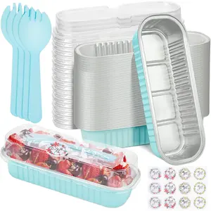 100Pack Mini Cake Pans Disposable Mini Loaf Pans with Lids and Spoons and Stickers, 6.8Oz Aluminum Foil Pans Tins, Individual Dessert Cups Containers for Sales,Party,Picnics Sky Blue
