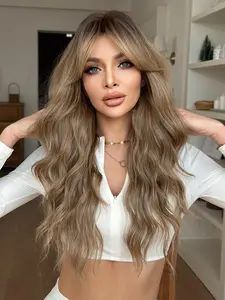Long Body Wavy Wigs for Women, Fashion Fluffy Wigs, Gorgeous Fluffy Wigs with Curtain Bangs, Synthetic Full Machine Hair Wigs for Party, Daily Use, Synthetic Material Wigs