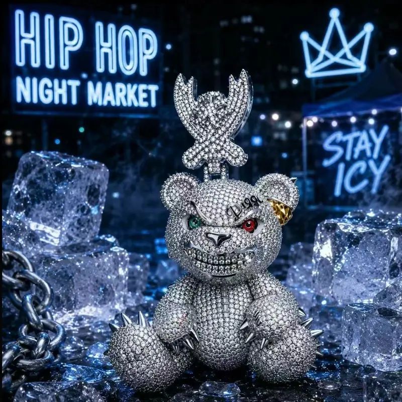 Iced Out Moissanite Cuban Necklace with Gangster Bear Pendant, Custom Metal-Coated Matelassé Chain, Statement Wear, High Street Costume Jewelry for Enthusiasts
