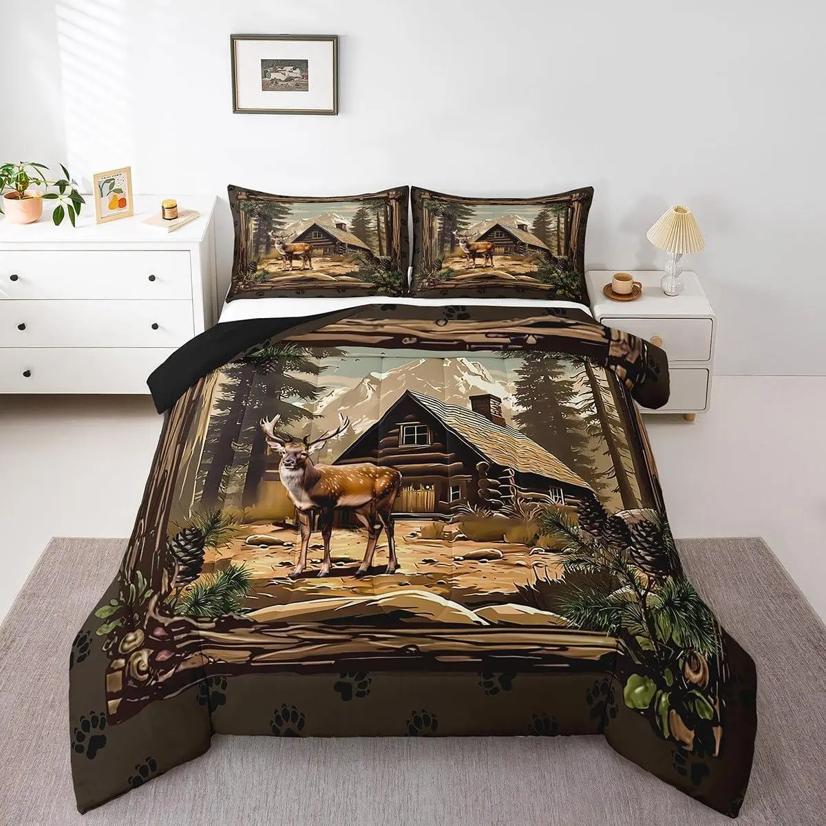 Feelyou Woodland Deer Print Polyester Bedding Set - Set Includes 1 U-Stitched Comforter, Twin/Full/Queen Sizes, Lightweight Microfiber Filling, Cozy Rustic Cabin Theme, RV Camping Ready, All Seasons, Machine Washable No Bleach, for Adults
