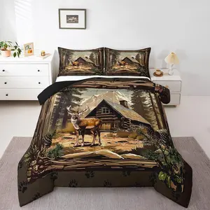 Retro Deer Comforter Set,Lodge Cabin Country Bedding Sets, Rustic Farmhouse Wildlife Down Comforter,Kids Boys Adults Men,Woodland Hunting Quilt